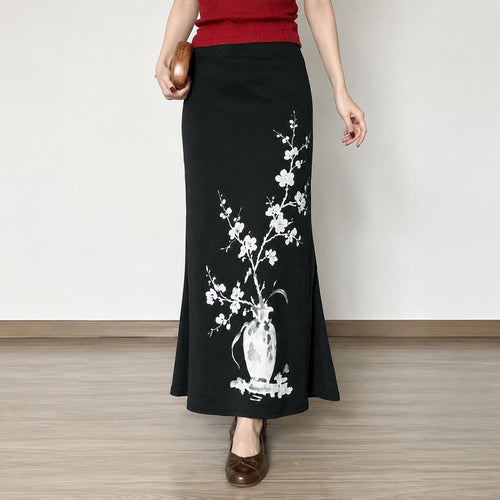 Damen nan ausgestellter Maxi-Rock mit A-Linien-Schnitt, elastischem Bund und floraler Aquarell-Vasen-Print Drune