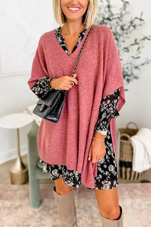 Damen Strickponcho mit V-Ausschnitt und lässigem Schnitt Drune