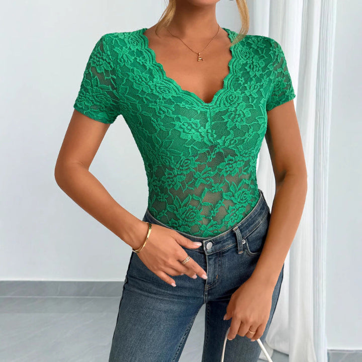Damen Spitzen-Bodysuit mit dekorativem V-Ausschnitt Drune
