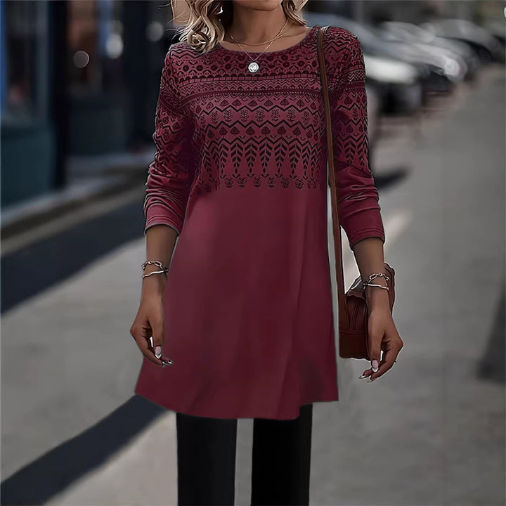 Frauen Longline Tunika Kleid mit Ethno Druck und Rundhalsausschnitt Drune