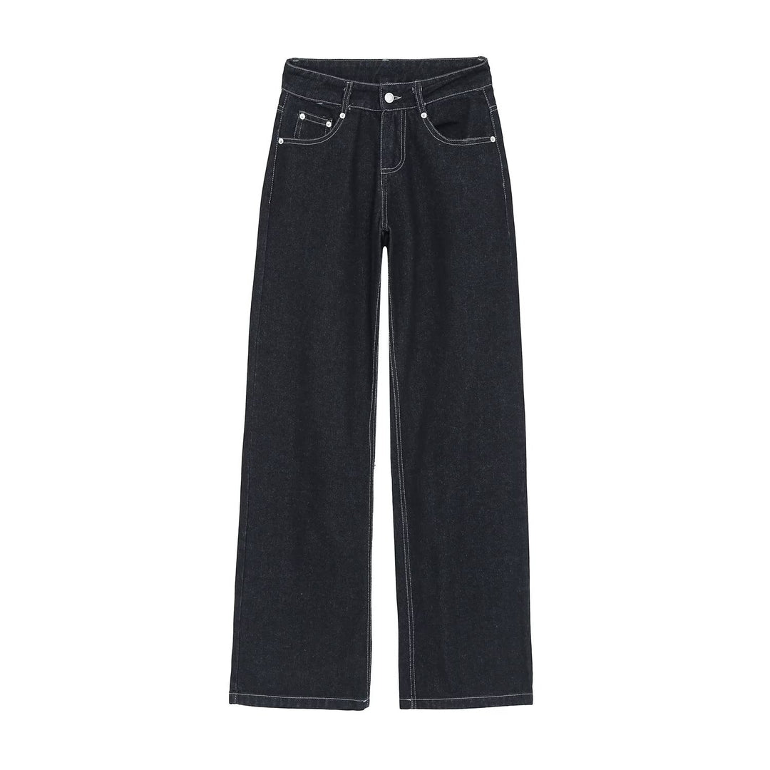 Damen High-Waist Jeanshose mit weitem Bein und Kontrastnähten Drune
