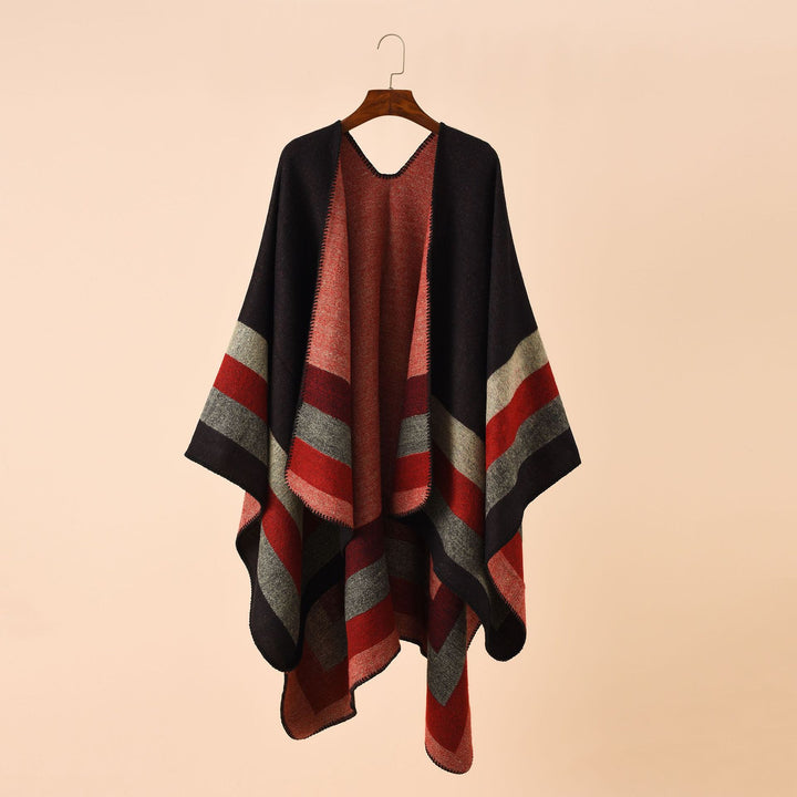 Damen Wolloptik-Poncho mit asymmetrischen Blockstreifen und Zierstichkante Drune