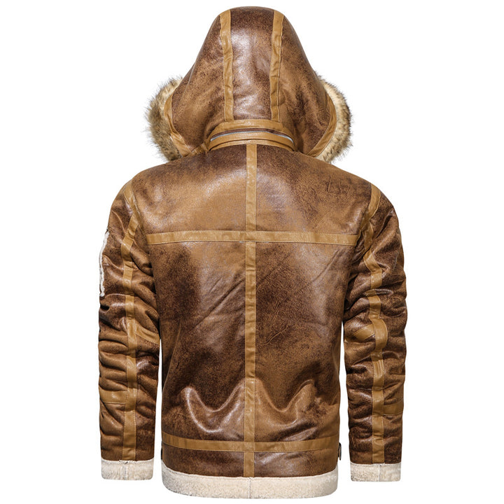 Herren Vintage Lammfell Fliegerjacke mit Kapuze und Teddyfutter Drune