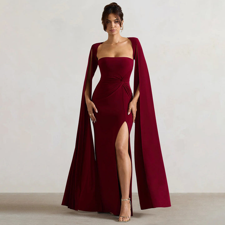 Damen Elegantes Maxikleid mit abnehmbarem Cape und seitlichem Schlitz Drune