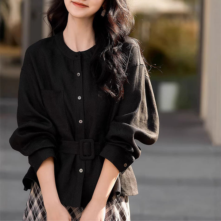 Damen Modische Oversized-Bluse mit Gürtel Drune