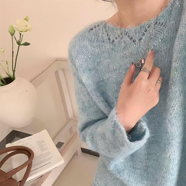 Damen Flauschiger Strickpullover mit glänzenden Akzenten und lockerem Schnitt Drune