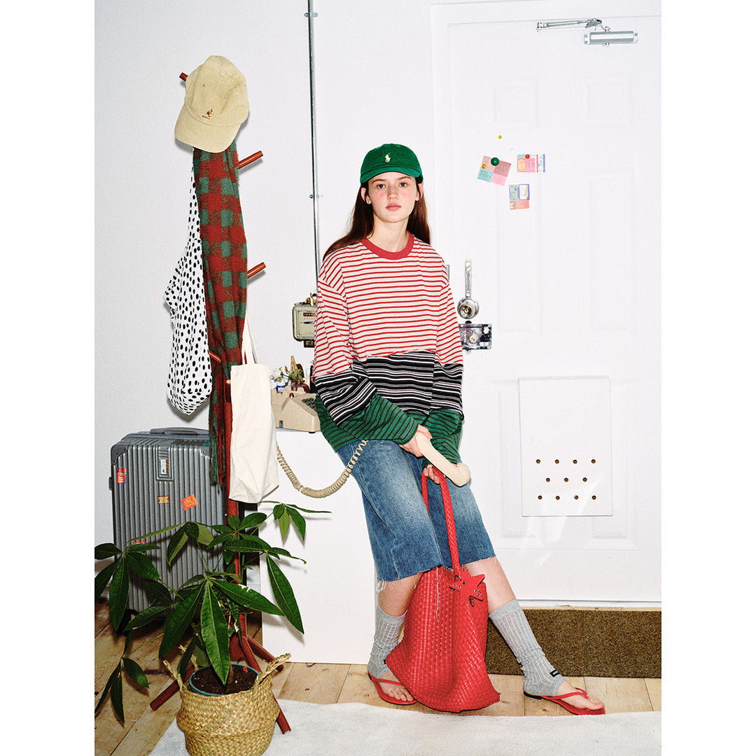 Unisex Lässiges Oversize Langarmshirt mit Blockstreifen aus Baumwollmix Drune