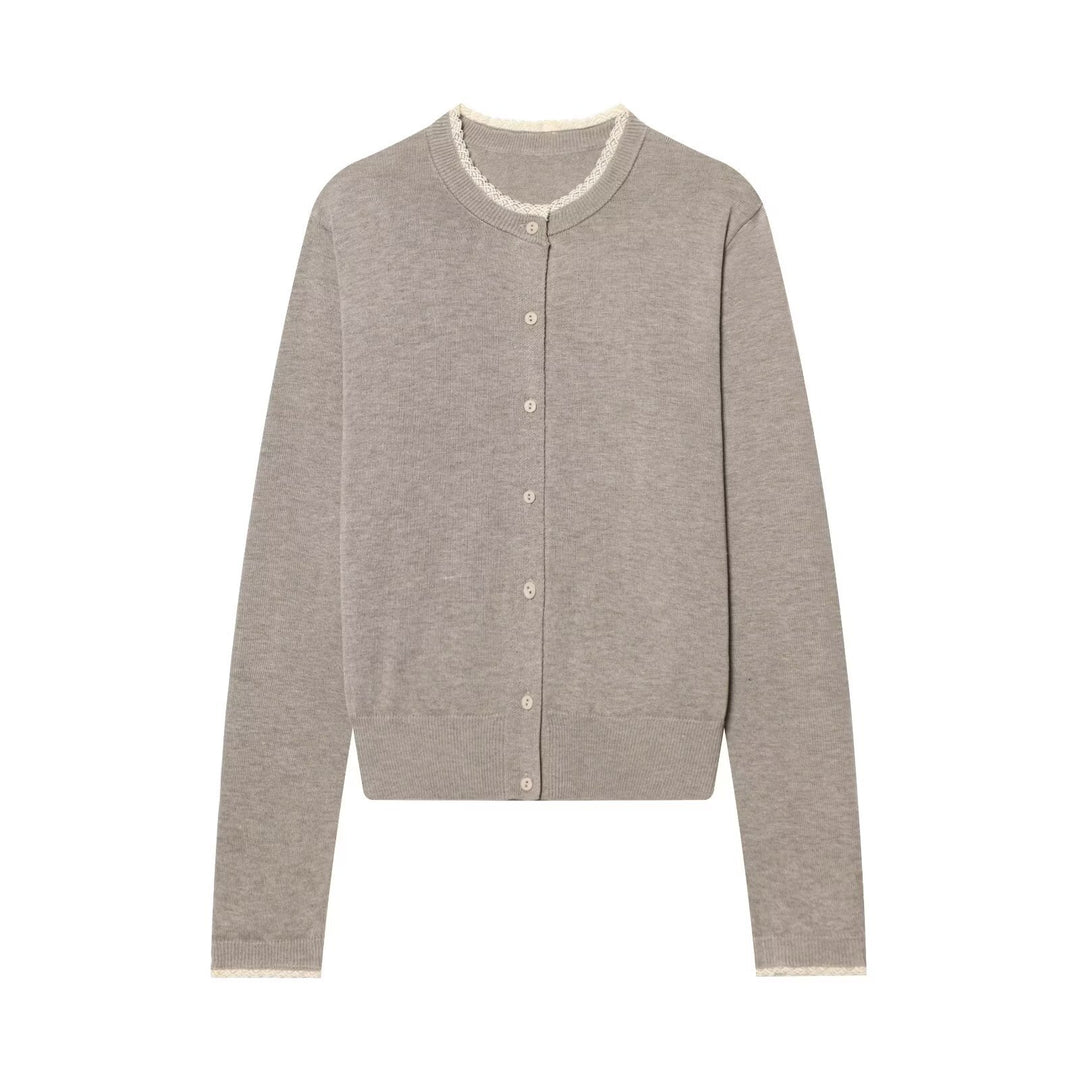 Damen Feinstrick-Cropped-Cardigan mit Spitzenbesatz und Rundhalsausschnitt Drune
