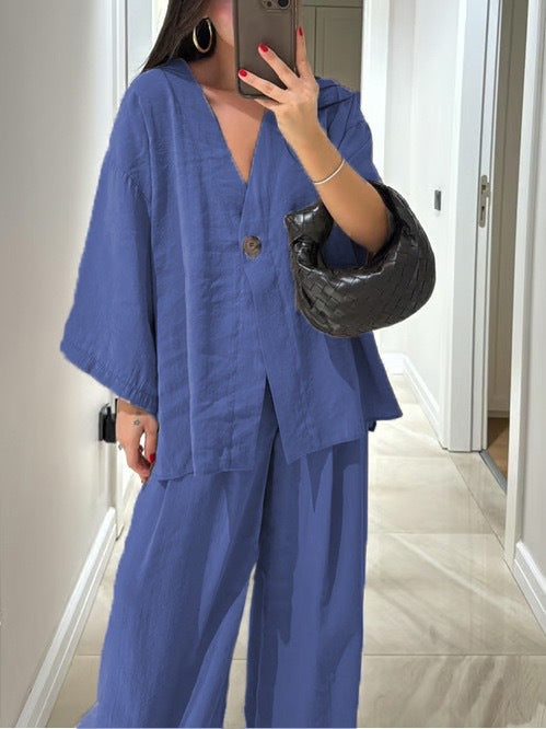 Damen nan entspanntes Zweiteiler-Leinenensemble mit kimonoartiger Oversize-Jacke und weiter Palazzohose Drune