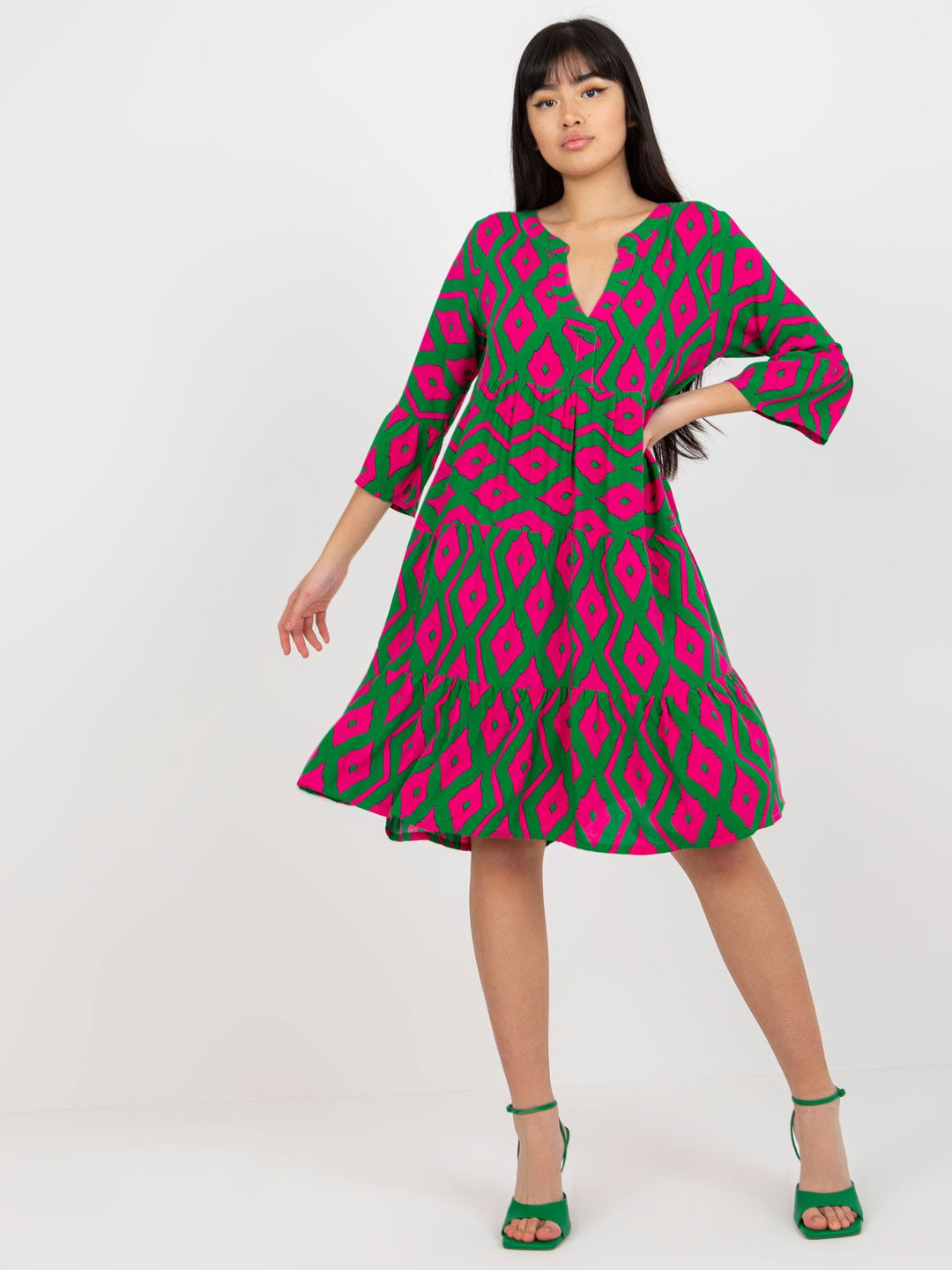Damen leuchtendes geometrisches Druck A-Linien Kleid Drune