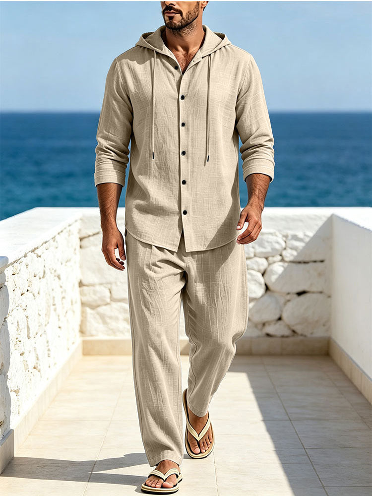 Herren Atmungsaktives Baumwoll-Gauze Loungewear-Set mit Kapuzenhemd und weiten Sommerhosen Drune