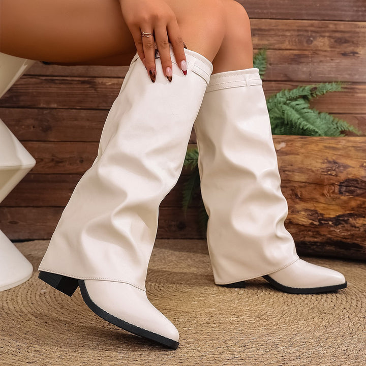 Damen nan kniehohe Slouch-Stiefel mit spitzer Zehenpartie niedrigem Blockabsatz und dekorativem Schaftgurt Drune
