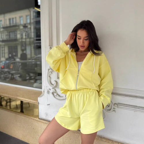 Damen lässiger Zip-Hoodie und Shorts-Set Drune