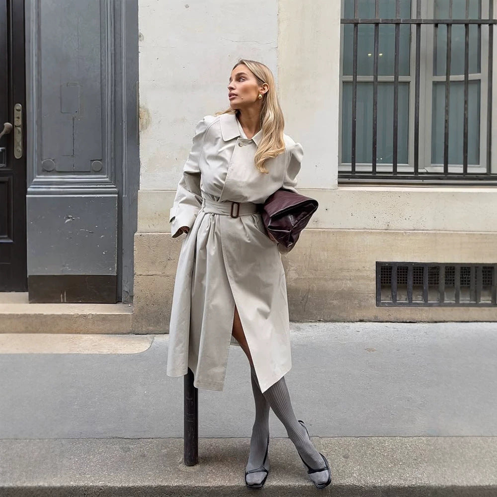 Damen Midilanger Trenchcoat im Cocoon‑Cut mit Bindegürtel und Raglanärmeln Drune