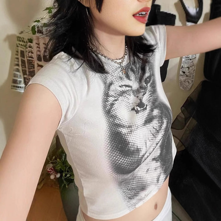 Damen Crop-T-Shirt mit kreativem Katzenmotiv Drune