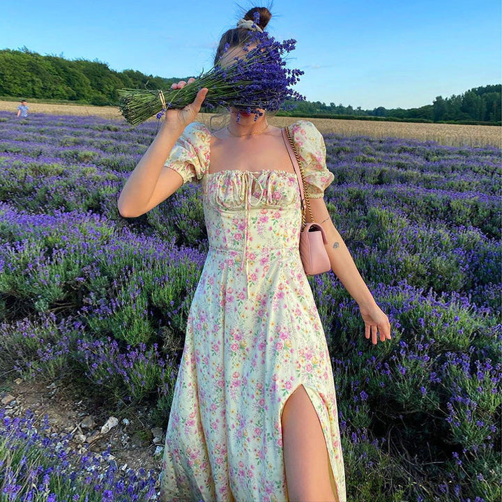 Damen Maxi-Kleid mit Puffärmeln und floralem Design Drune