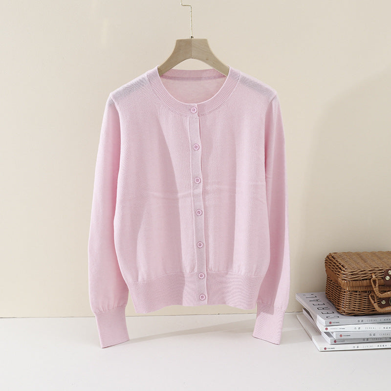 Damen Feiner Knopf-Cardigan mit Rundhalsausschnitt, schmaler Passform und Rippenabschlüssen Drune