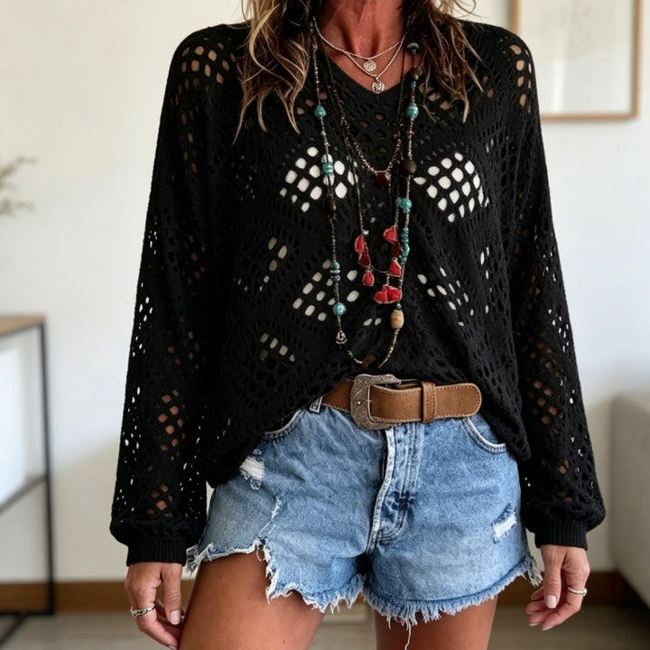 Damen Grobstrick-Häkelpullover mit offenen Maschen und V‑Ausschnitt Drune