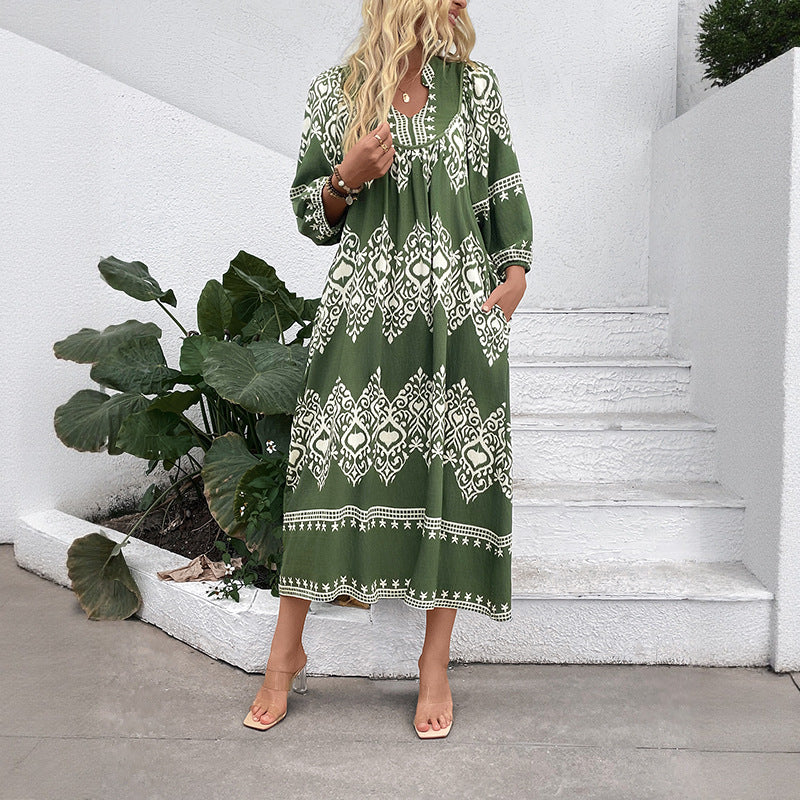 Damen lässiges Maxikleid mit elegantem ethnischem Muster und praktischen Taschen Drune
