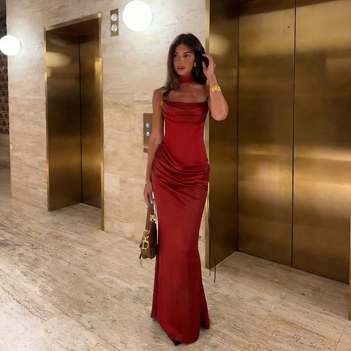 Damen elegantes Maxikleid mit raffiniertem Wasserfallausschnitt und figurbetontem Schnitt Drune