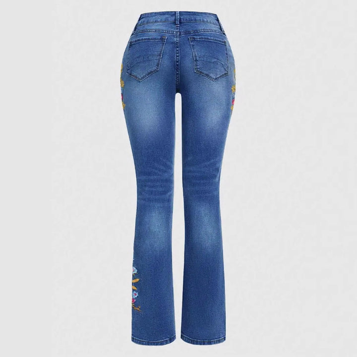 Damen Bootcut-Jeans mit seitlicher Blumenstickerei und komfortablem Stretchbund Drune
