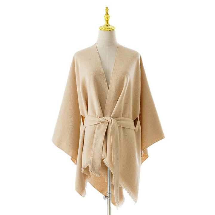 Damen Weichfallender Strick‑Wickelponcho mit Bindegürtel und Fransensaum Drune