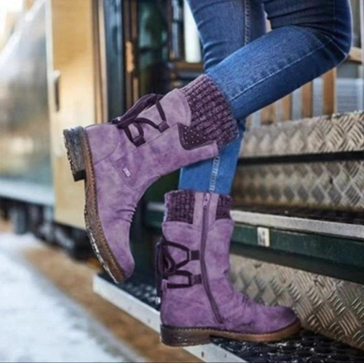 Damen Mid-Cut Stiefel mit Strickmanschette, Zierkordel und Veloursoptik Drune