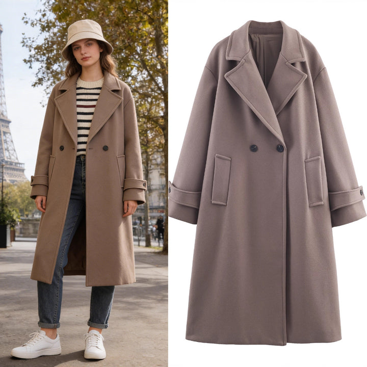 Damen Oversize Wollmix-Mantel mit Doppelreiher, breitem Revers und Ärmelriegel Drune