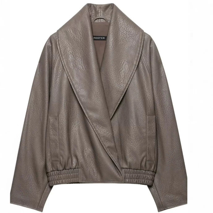Damen Kurzjacke aus Lederimitat mit weitem Schalkragen und elastischem Saum Drune