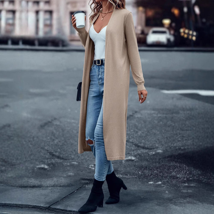 Damen nan langer Feinstrick-Cardigan im Duster-Stil mit offenem Fall und schmaler Ärmelpartie Drune