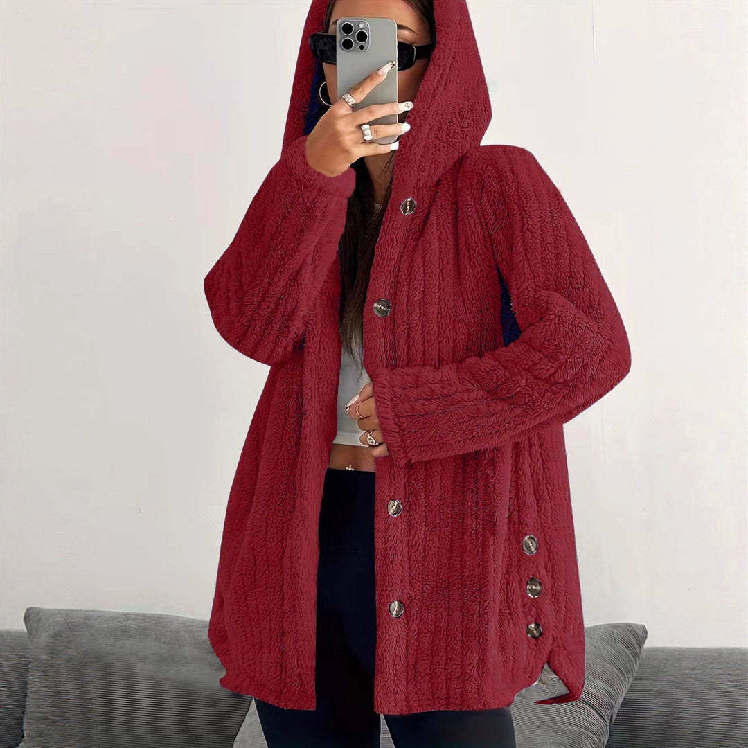 Damen Kuschelige Kapuzenjacke mit Knopfdetails Drune