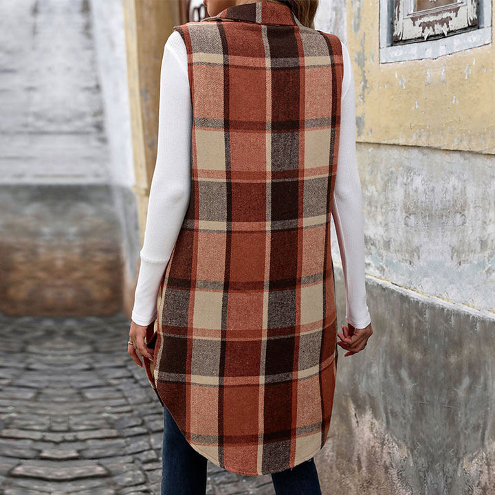 Damen Langer Karo-Weste mit Taschen Drune