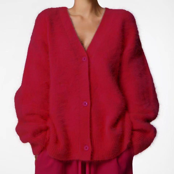 Damen Kuscheliger Oversize-Cardigan aus Teddy-Strick mit tiefem V-Ausschnitt Drune