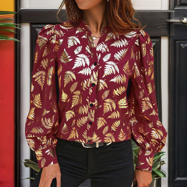 Damen Satin-Bluse mit metallischem Farnprint, Stehkragen & Puffärmeln Drune