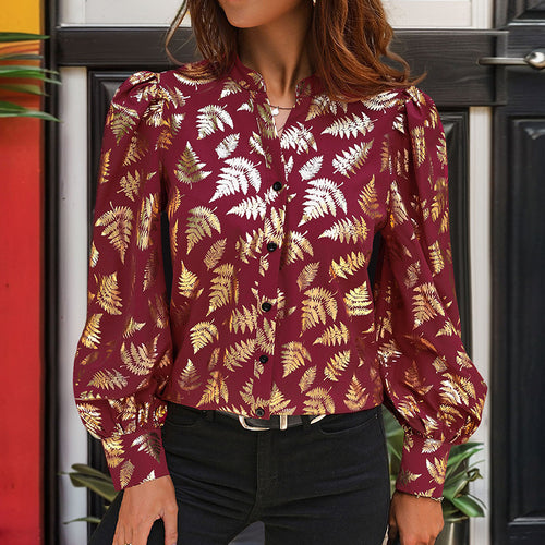 Damen Satin-Bluse mit metallischem Farnprint, Stehkragen & Puffärmeln Drune