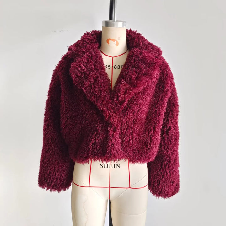 Damen nan kurze Teddy-Kunstfelljacke mit großem Schalkragen, kastigem Cropped‑Schnitt und weicher Plüschstruktur Drune