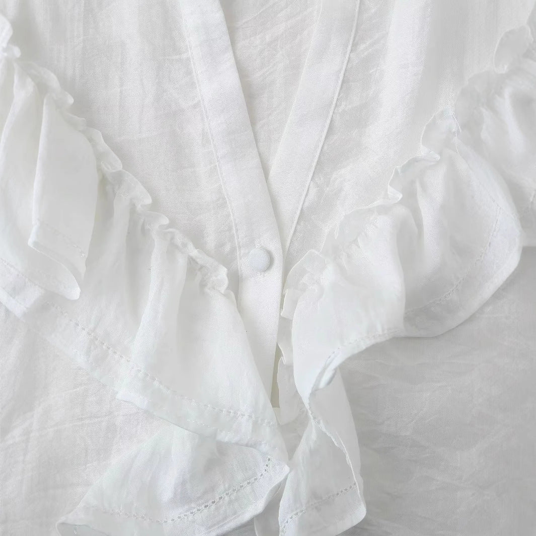 Damen nan romantische Volant-Bluse mit Stehkragen, verdeckter Knopfleiste und langen Ärmelrüschen Drune