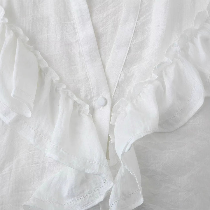 Damen nan romantische Volant-Bluse mit Stehkragen, verdeckter Knopfleiste und langen Ärmelrüschen Drune