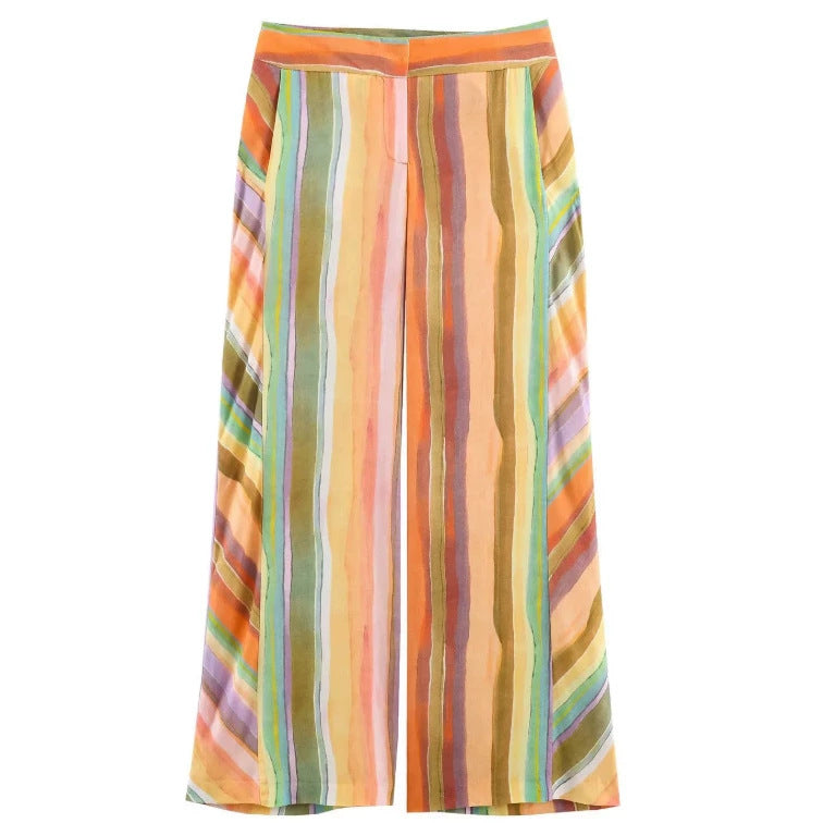 Damen Weite High‑Waist Leinenmix‑Palazzohose mit fließendem Streifenprint Drune