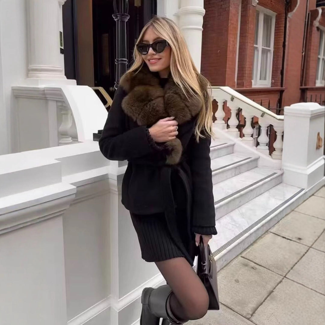Damen Kurzer Wollmix-Mantel mit abnehmbarem Faux-Fur-Schalkragen und Taillengürtel Drune