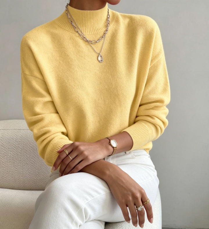 Damen kuscheliger Feinstrickpullover mit Stehkragen und überschnittener Schulter Drune