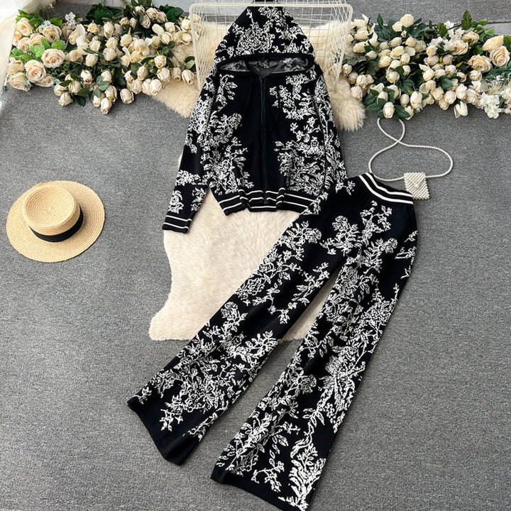 Damen modisches Freizeit-Lounge-Set mit Kapuze und floralem Muster Drune
