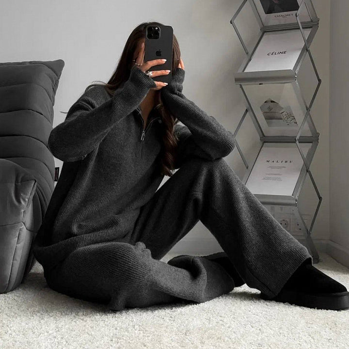 Damen Rippstrick-Loungewear-Set mit Halbzip-Longpullover und High‑Waist-Rippleggings Drune