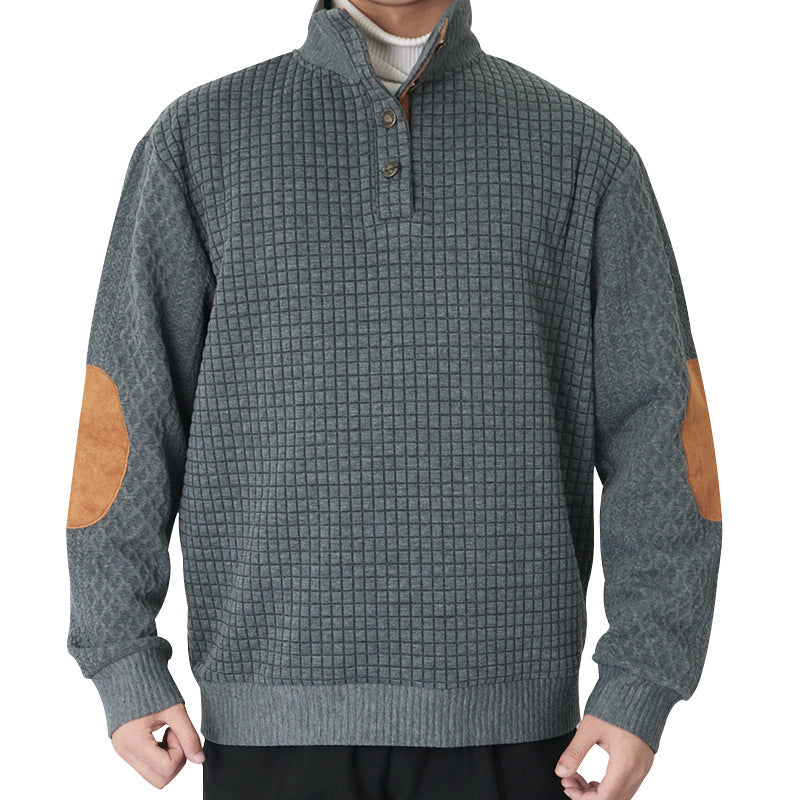 Herren Waffelstrick-Halbzip-Pullover mit Stehkragen Lederbesatz und Ellbogenpatches Drune