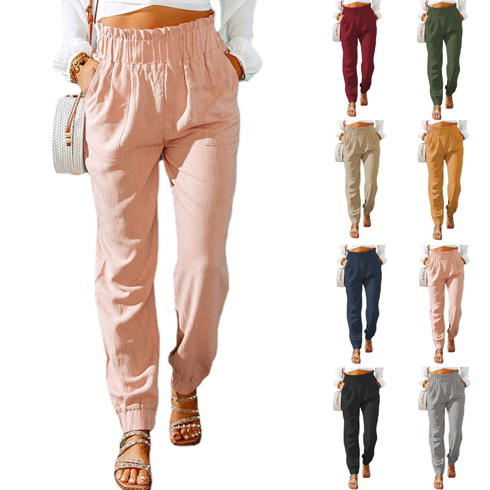 Damen Hochtaillierte Leinenoptik-Joggerhose mit elastischem Rüschbund und Eingrifftaschen Drune
