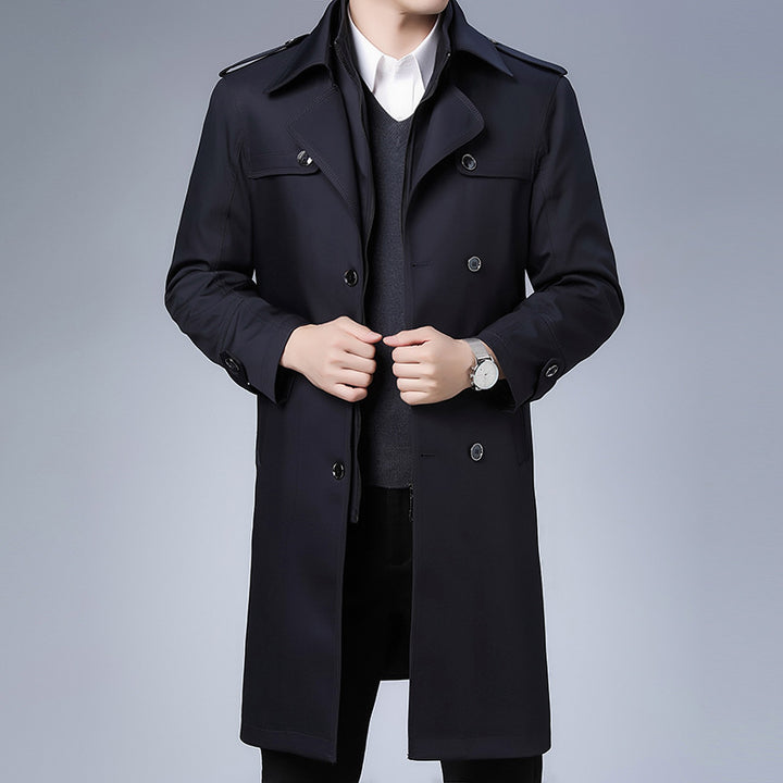 Herren Trenchcoat langer Doppelreiher mit Reverskragen und Epauletten Drune