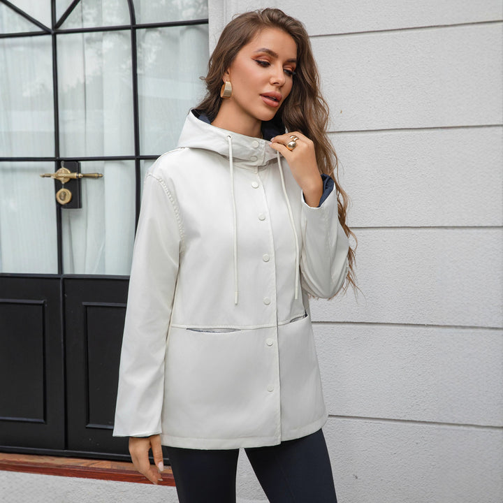 Damen Wasserabweisende Kapuzenjacke mit Druckknopf-Front, Tunnelzug und Eingrifftaschen Drune