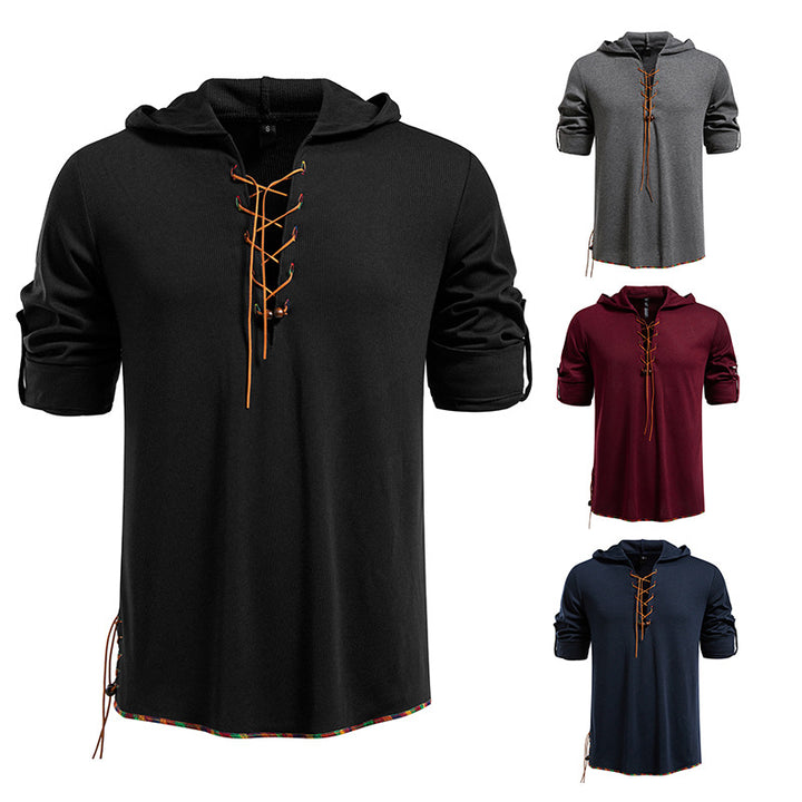 Herren Leichtes Kapuzen-Langarmshirt mit Schnürfront und aufrollbaren Dreiviertel-Ärmeln Drune