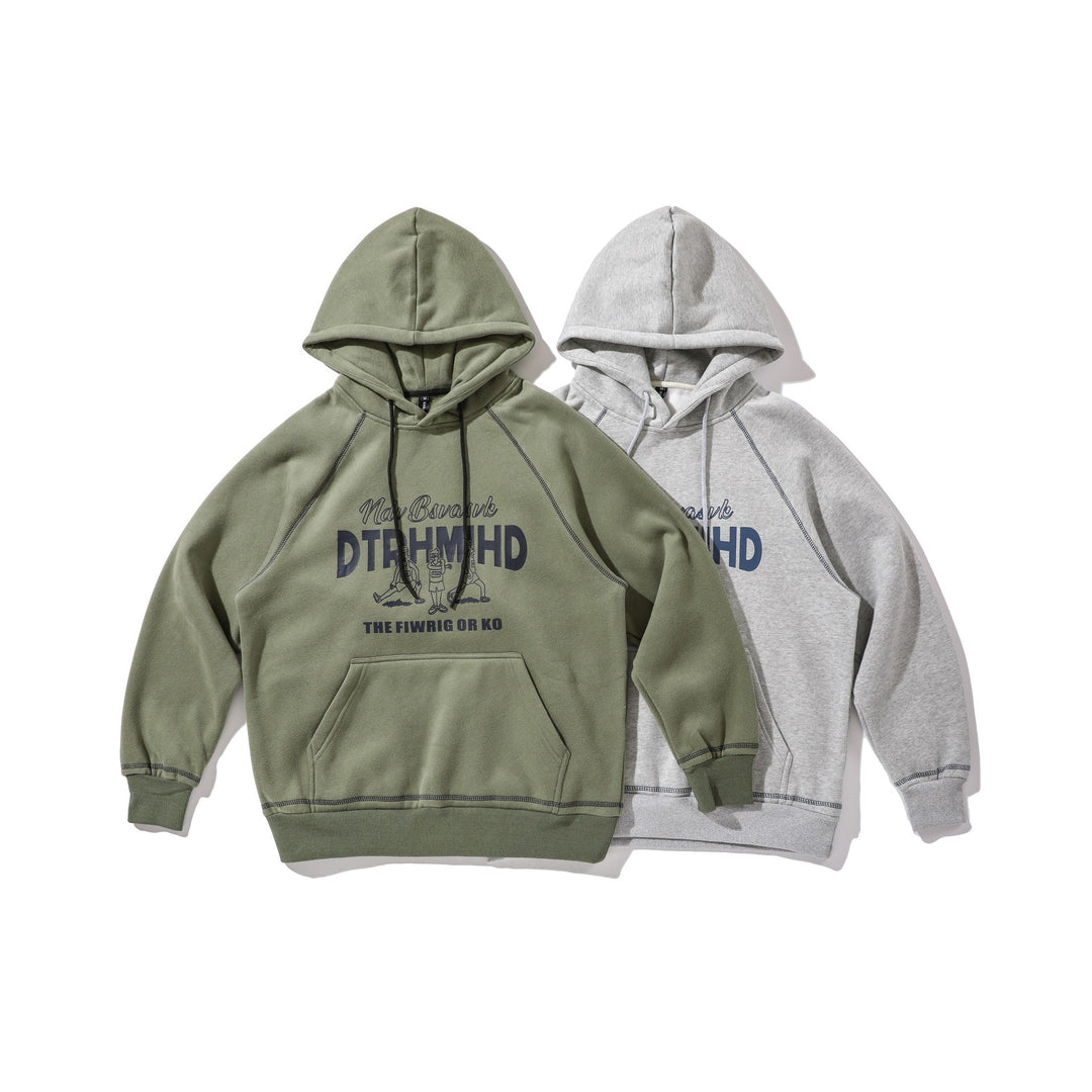 Unisex Oversize Kapuzenpullover mit Raglannähten, Kängurutasche und Vintage-Print Drune