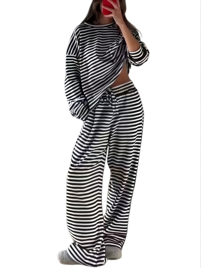 Damen Gestreiftes Lounge-Set aus weichem Baumwoll-Mix mit weitem Bein Drune